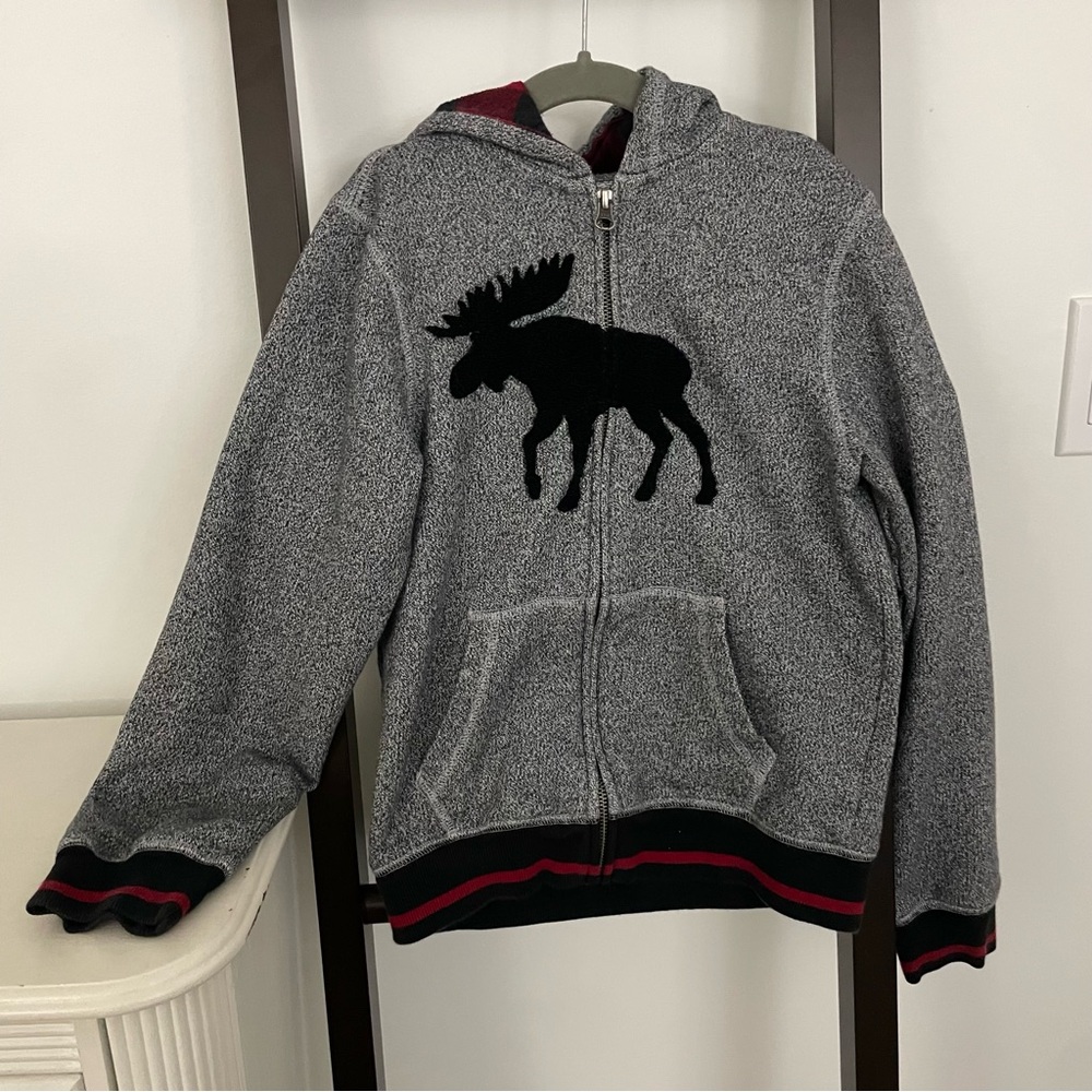 Hatley Heritage hoodie. Size 8 with moose in front and plaid lining in the hood